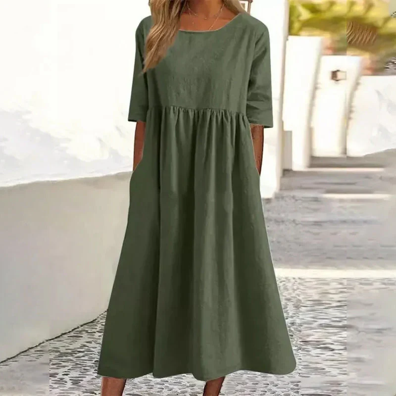 Women's Casual Crew Neck Pocket Smocked Cotton Dress - Image 7
