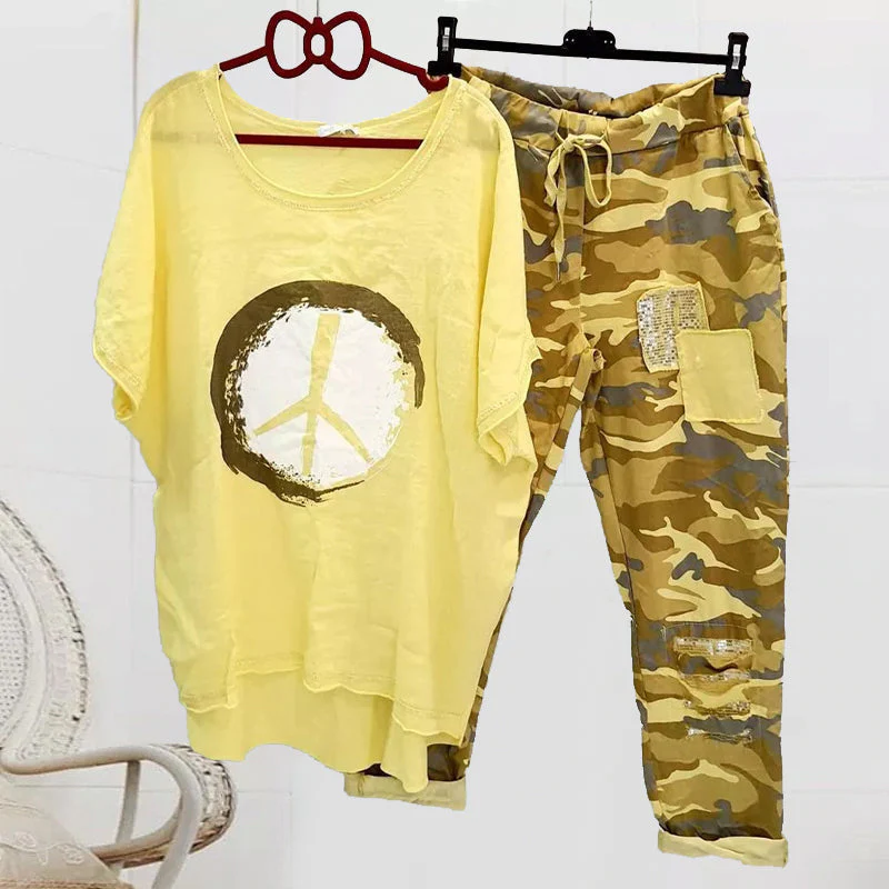 Women's Short Sleeve Top Camo Pants Two Piece Set - Image 2
