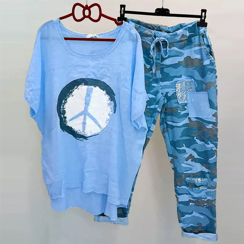 Women's Short Sleeve Top Camo Pants Two Piece Set - Image 5