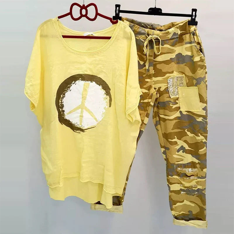Women's Short Sleeve Top Camo Pants Two Piece Set - Image 7