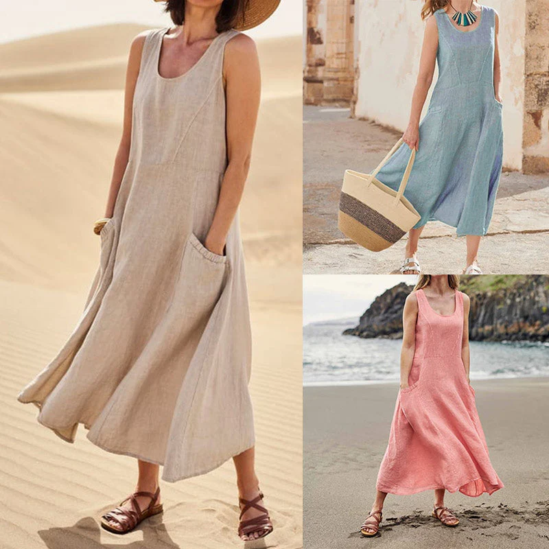 Women's Sleeveless Cotton And Linen Dress - Image 3