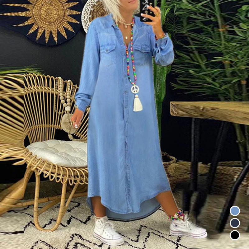 Women's Solid Color Long Sleeve Casual Denim Dress - Image 10