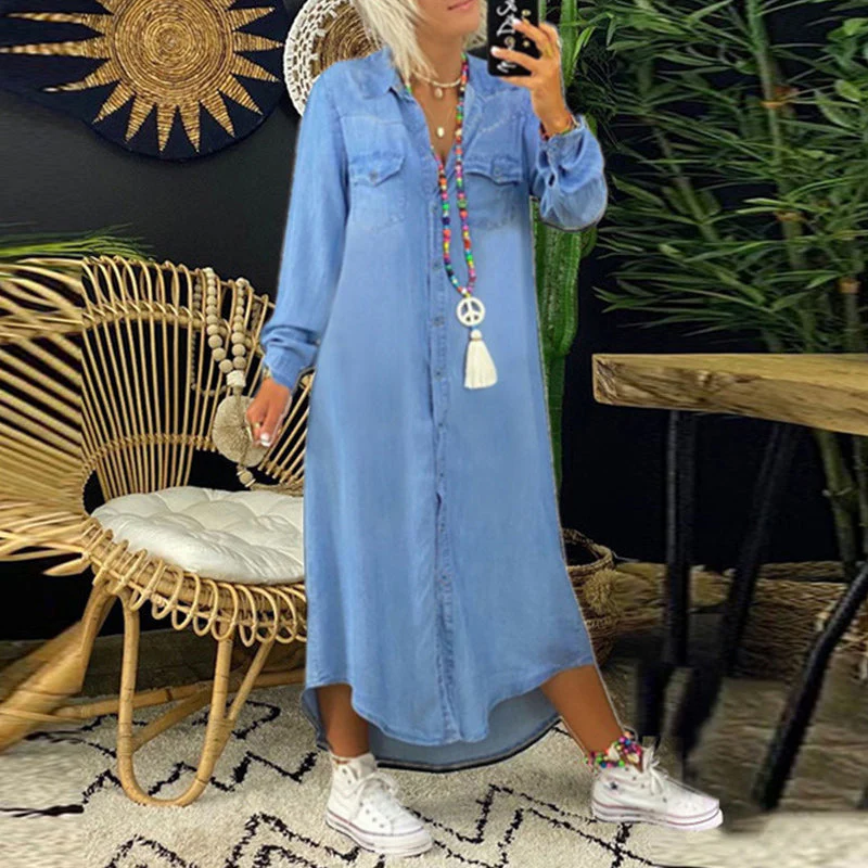Women's Solid Color Long Sleeve Casual Denim Dress - Image 2
