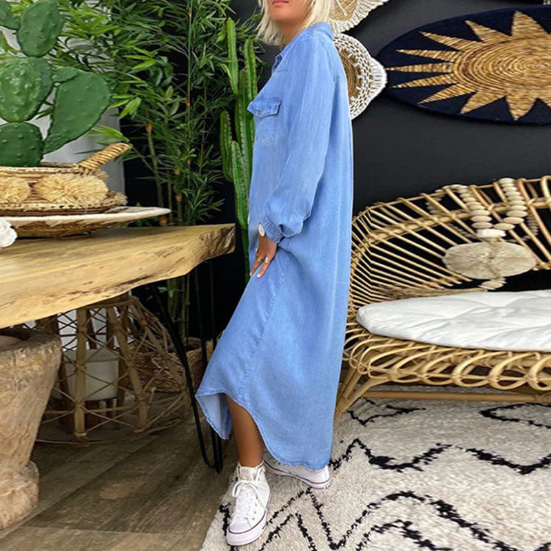 Women's Solid Color Long Sleeve Casual Denim Dress - Image 3