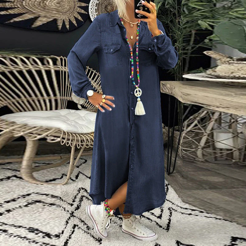 Women's Solid Color Long Sleeve Casual Denim Dress - Image 4