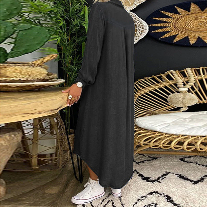 Women's Solid Color Long Sleeve Casual Denim Dress - Image 6