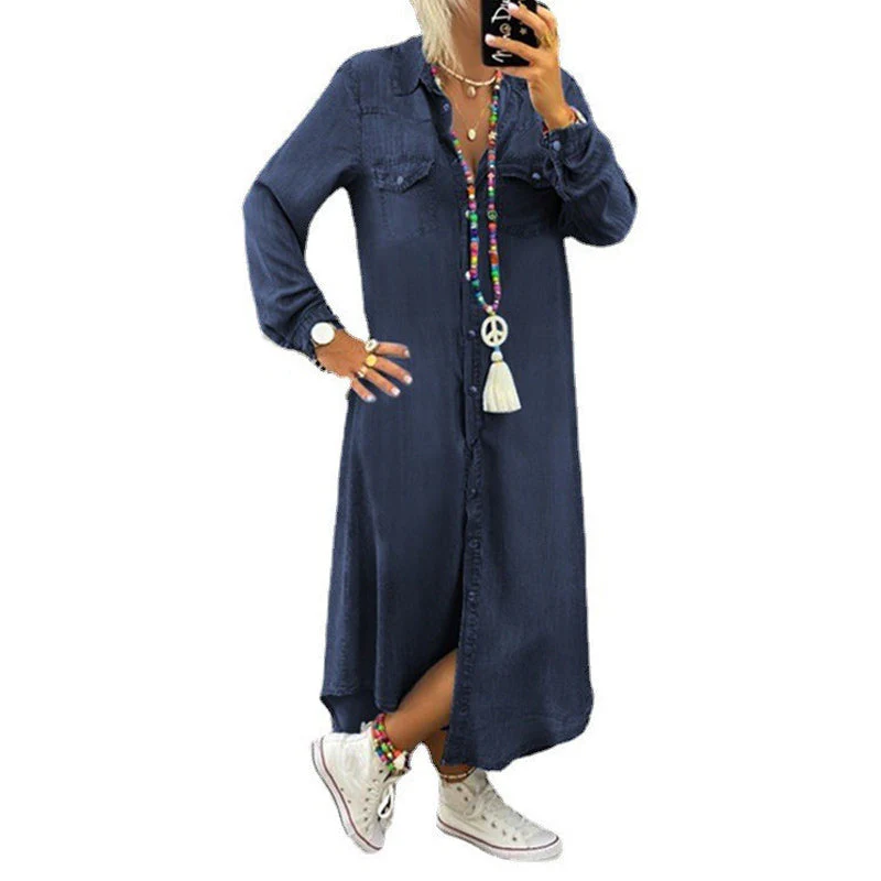 Women's Solid Color Long Sleeve Casual Denim Dress - Image 7