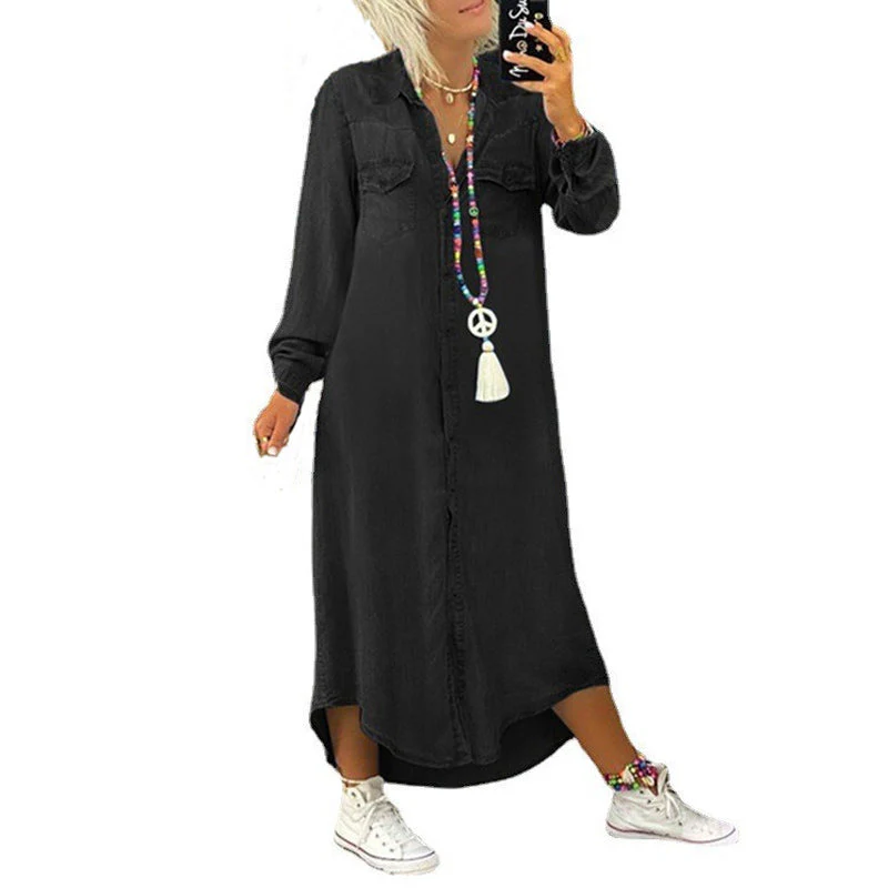 Women's Solid Color Long Sleeve Casual Denim Dress - Image 8