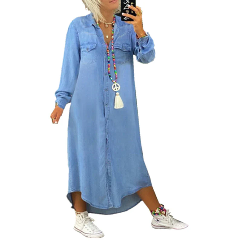 Women's Solid Color Long Sleeve Casual Denim Dress - Image 9